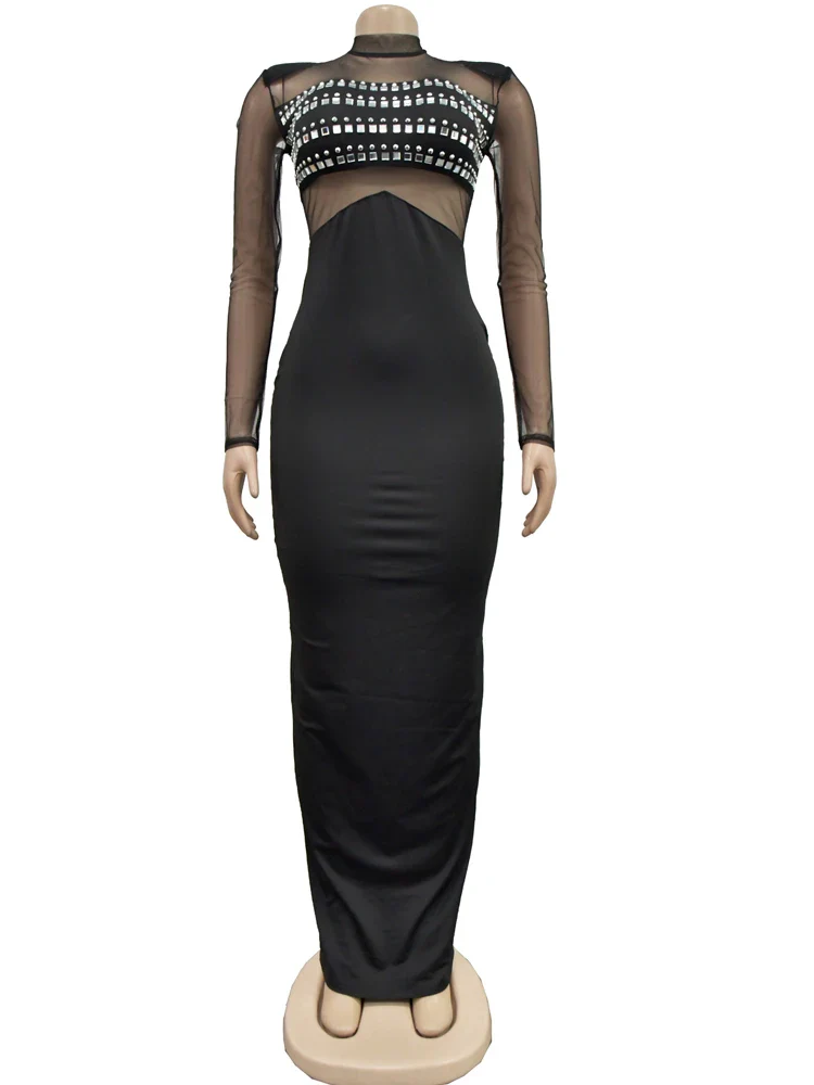 Beyprern Women's Sheer Mesh Rhinestones Décor Long Maxi Dress Glam See-Through Back Slit Sequin Party Dress Celebrities Outfits - Image 3