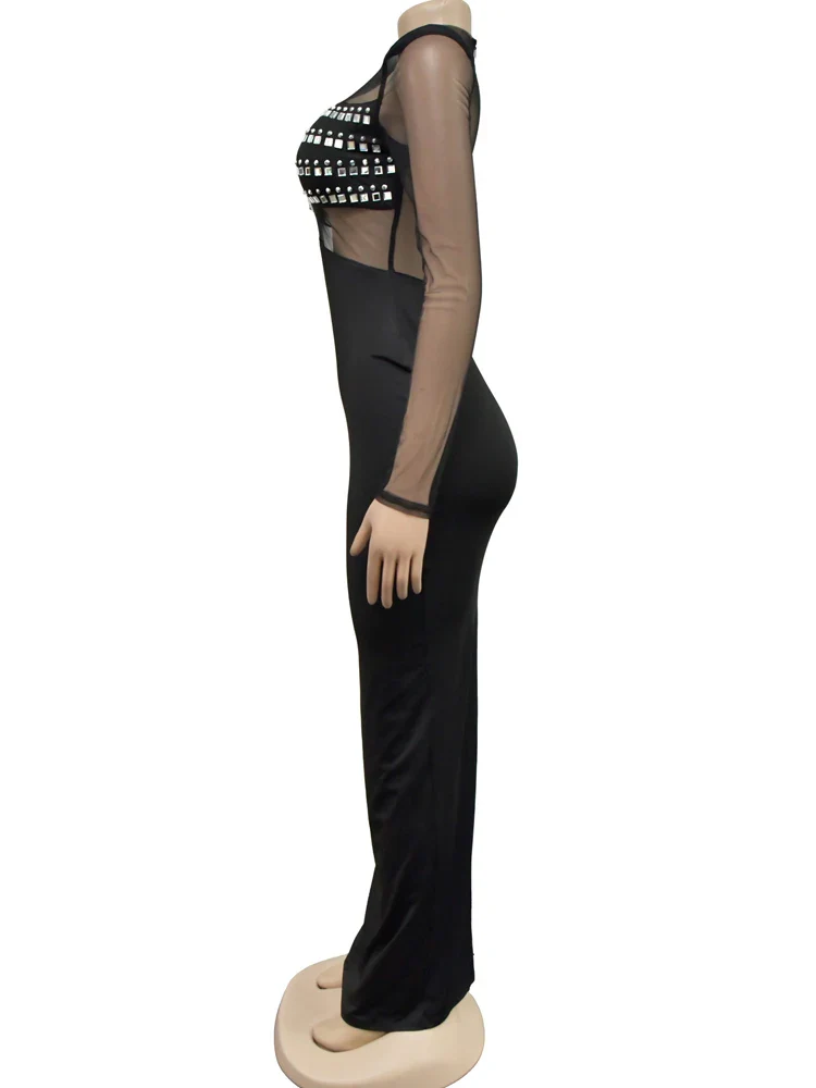 Beyprern Women's Sheer Mesh Rhinestones Décor Long Maxi Dress Glam See-Through Back Slit Sequin Party Dress Celebrities Outfits - Image 4