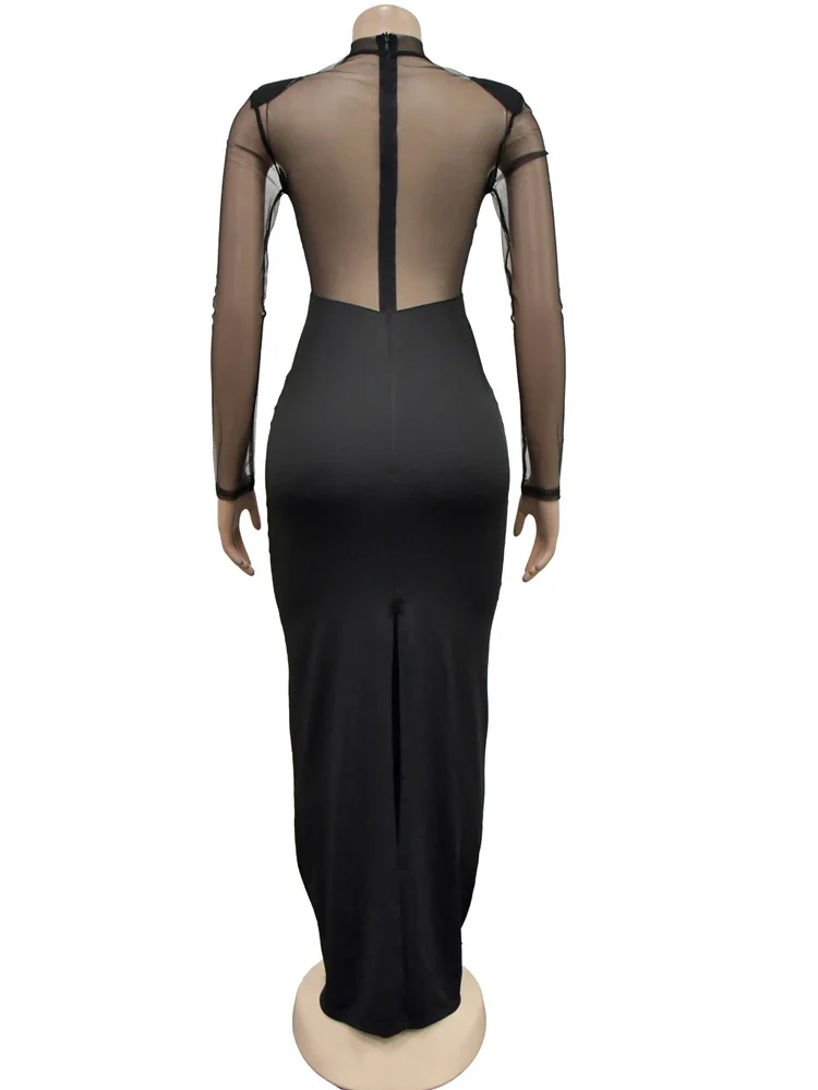 Beyprern Women's Sheer Mesh Rhinestones Décor Long Maxi Dress Glam See-Through Back Slit Sequin Party Dress Celebrities Outfits - Image 5