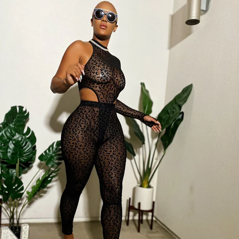 BH451 women sexy New leopard print mesh single sleeve irregular jumpsuit two piece set - Image 2