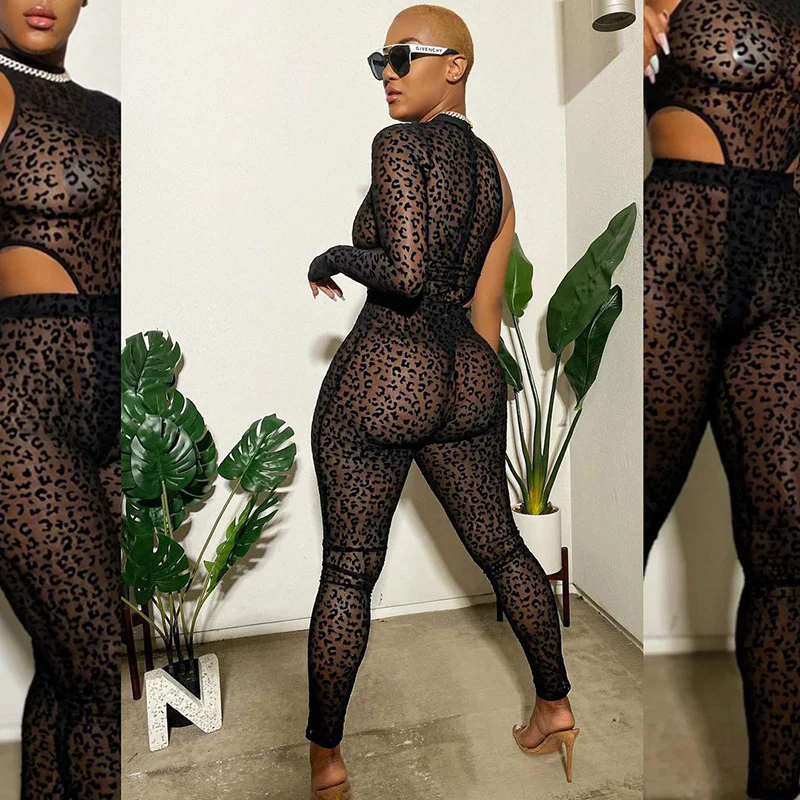 BH451 women sexy New leopard print mesh single sleeve irregular jumpsuit two piece set - Image 5