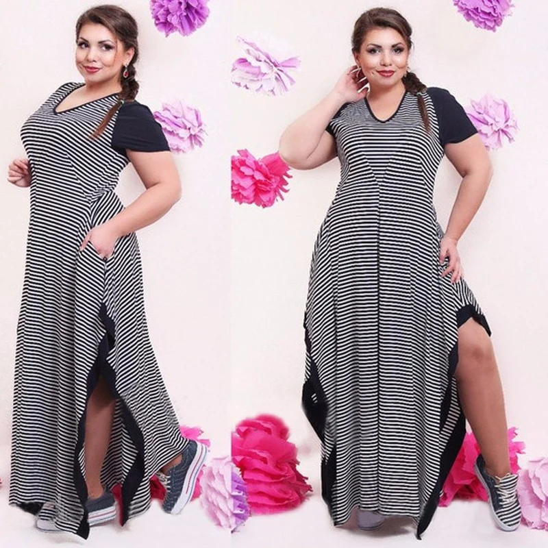 Sexy Big size 6XL Fat MM Woman dress Summer casual black and white stripe split dresses plus size - Image 4