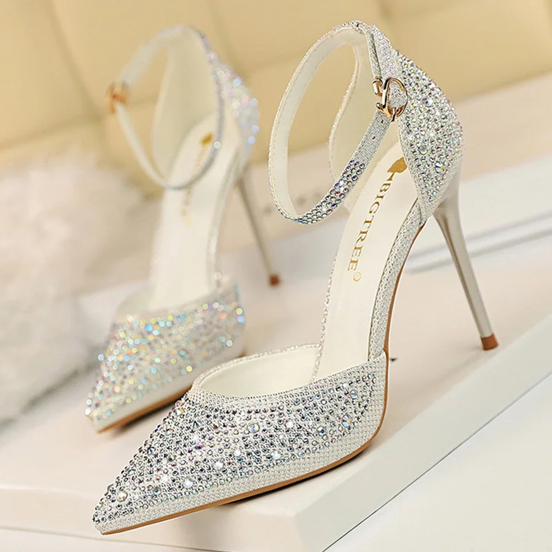 BIGTREE Shoes Shiny Rhinestones High Heels Ladies Shoes Women Pumps Stiletto Sweet Women Heels Wedding Shoes Women Sandals 10 Cm - Image 11