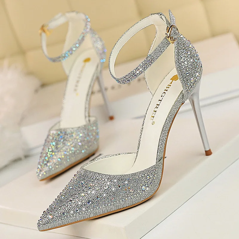 BIGTREE Shoes Shiny Rhinestones High Heels Ladies Shoes Women Pumps Stiletto Sweet Women Heels Wedding Shoes Women Sandals 10 Cm - Image 2
