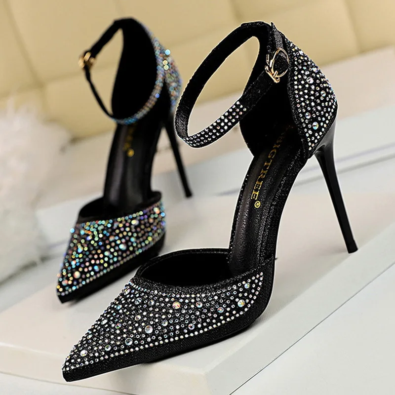 BIGTREE Shoes Shiny Rhinestones High Heels Ladies Shoes Women Pumps Stiletto Sweet Women Heels Wedding Shoes Women Sandals 10 Cm - Image 3