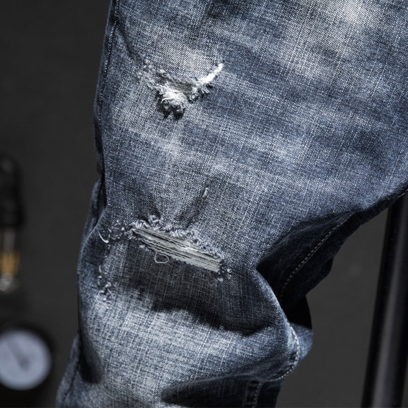 Biker Jeans Men Dark Blue Stretch Slim Fit Ripped Distressed Streetwear Denim Pants - Image 3