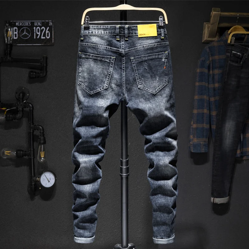 Biker Jeans Men Dark Blue Stretch Slim Fit Ripped Distressed Streetwear Denim Pants - Image 4