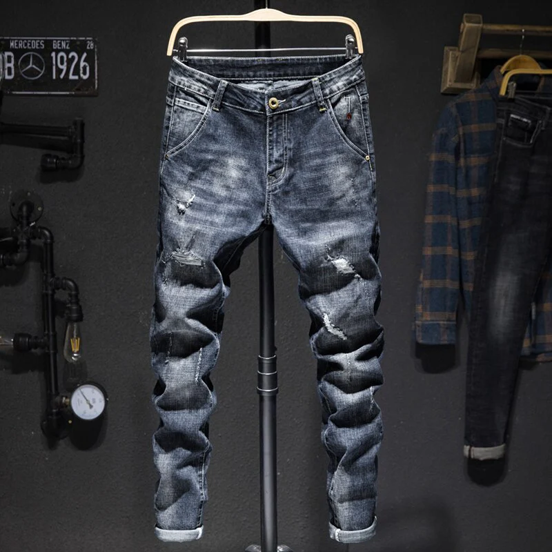 Biker Jeans Men Dark Blue Stretch Slim Fit Ripped Distressed Streetwear Denim Pants - Image 5