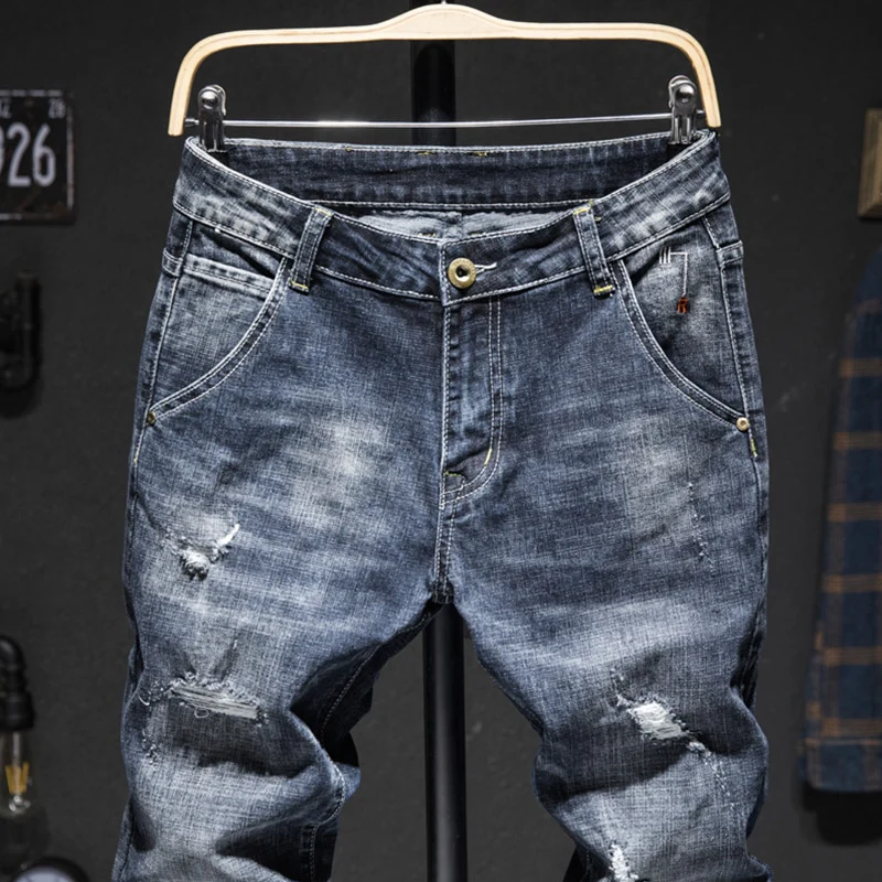 Biker Jeans Men Dark Blue Stretch Slim Fit Ripped Distressed Streetwear Denim Pants - Image 7