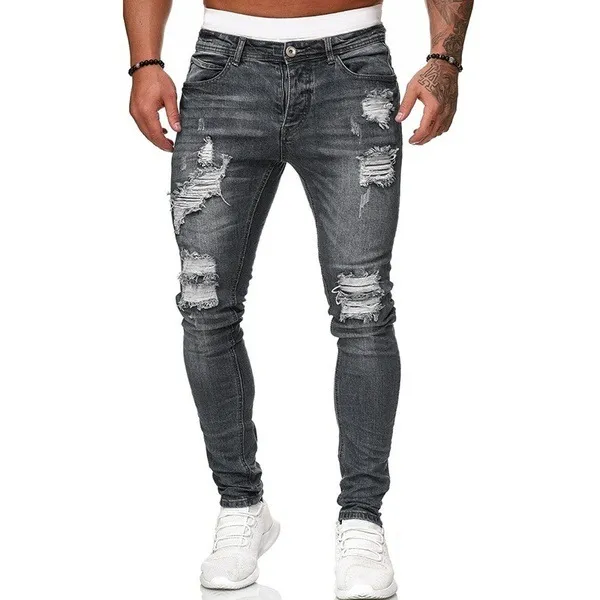 Biker Jeans Men's Distressed Stretch Ripped Biker Jeans Men Hip Hop Slim Fit Holes Punk Jeans Zipper Pure Color Denim Pants - Image 10
