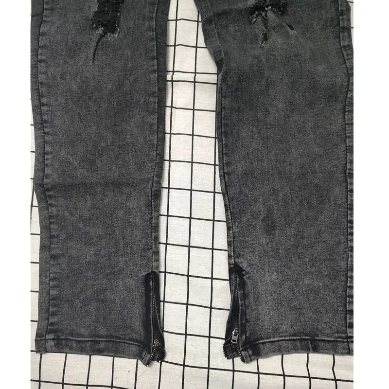 Biker Jeans Men's Distressed Stretch Ripped Biker Jeans Men Hip Hop Slim Fit Holes Punk Jeans Zipper Pure Color Denim Pants - Image 5