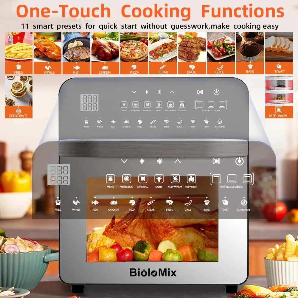 BioloMix Stainless Steel Dual Heating Air Fryer Oven Oil Free, Toaster Rotisserie and Dehydrator, 11 in 1, 15 L, 1700 W - Image 3