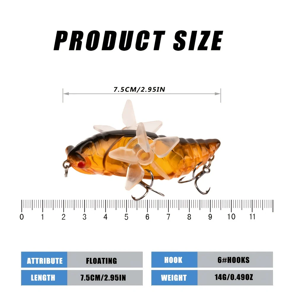 Bionic Cicada Hard Fish Lure - Spinning Fishing Bait with Propeller Treble Hook for Freshwater and Saltwater Fishing - 7.5cm/14g - Lifelike Design for Increased Catch Rates - Image 10