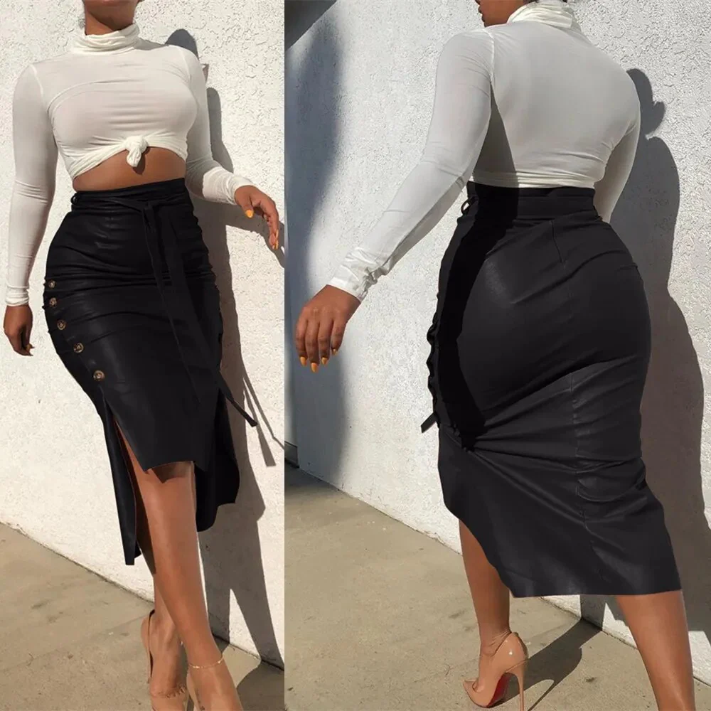 BKLD 2020 New Fashion Autumn Sexy Side Slit Button Midi Skirt High Waist PU Faux Leather Skirt With Belt Office Lady Style Skirt - Image 3