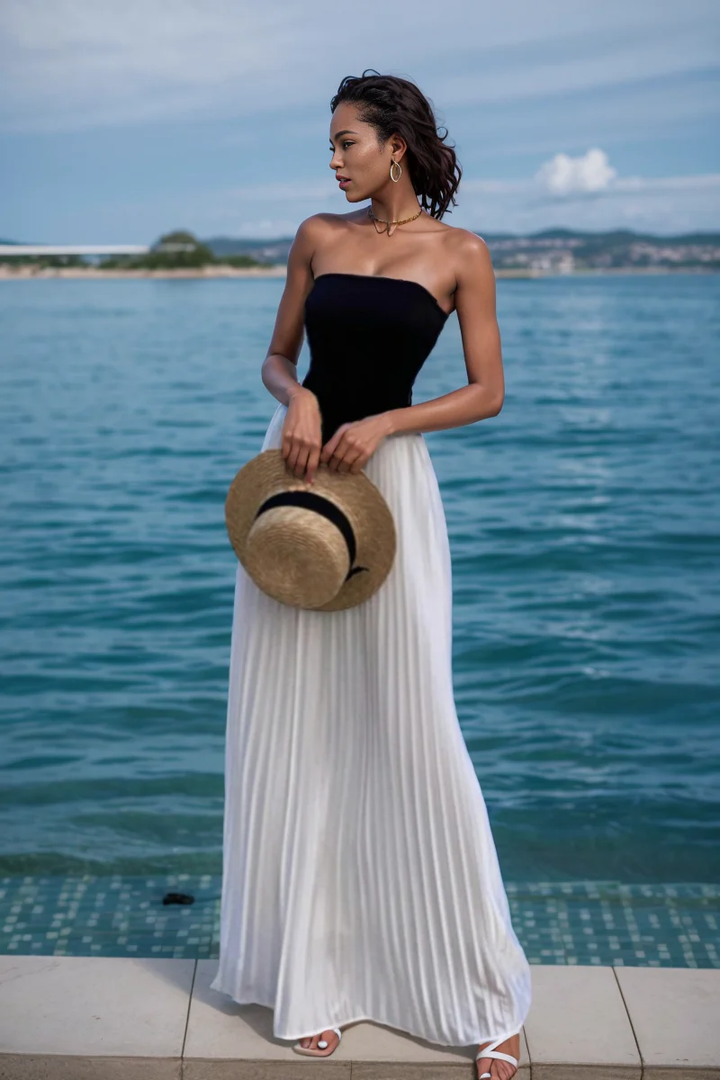 Black and White Pleated Fancy Long A- line Skirt Tube Top