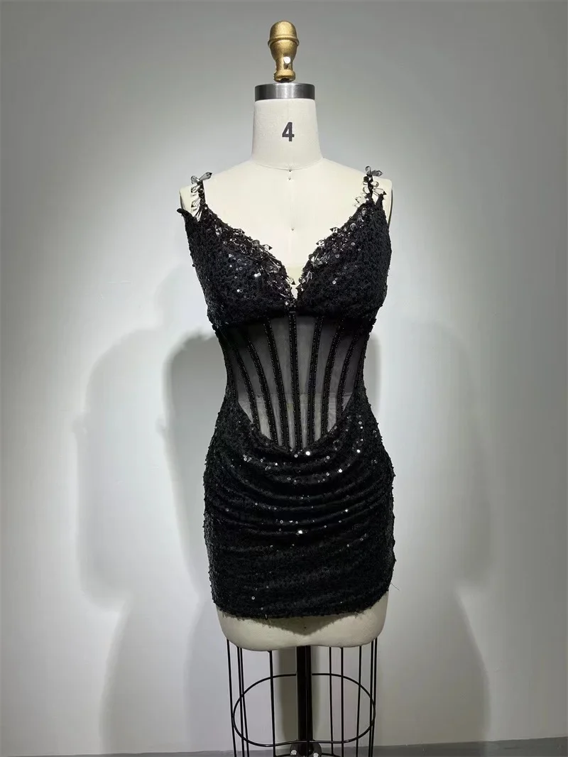 Black Color Women Sleeveless Sexy V-Neck Bodycon Mini Sequins Dress Nightclub Party Celebrate Fashion Birthday Dress - Image 3