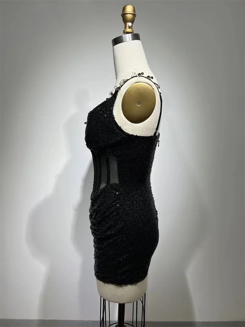 Black Color Women Sleeveless Sexy V-Neck Bodycon Mini Sequins Dress Nightclub Party Celebrate Fashion Birthday Dress - Image 4