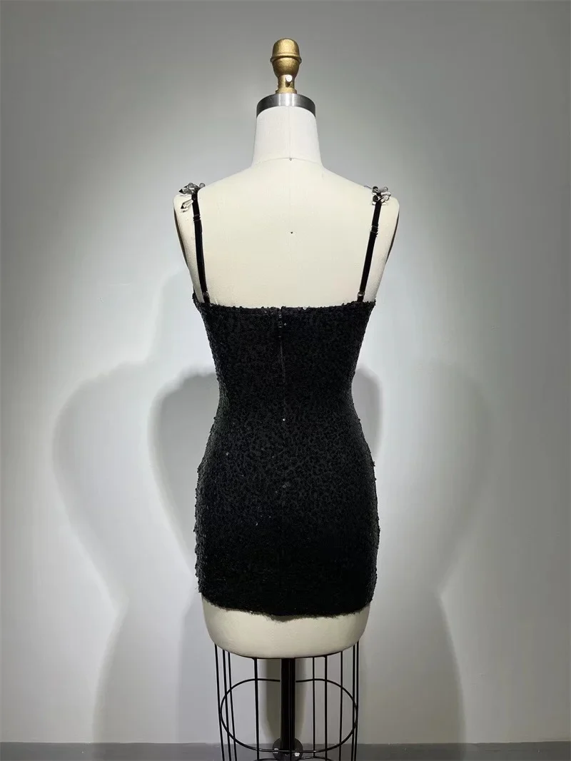 Black Color Women Sleeveless Sexy V-Neck Bodycon Mini Sequins Dress Nightclub Party Celebrate Fashion Birthday Dress - Image 6