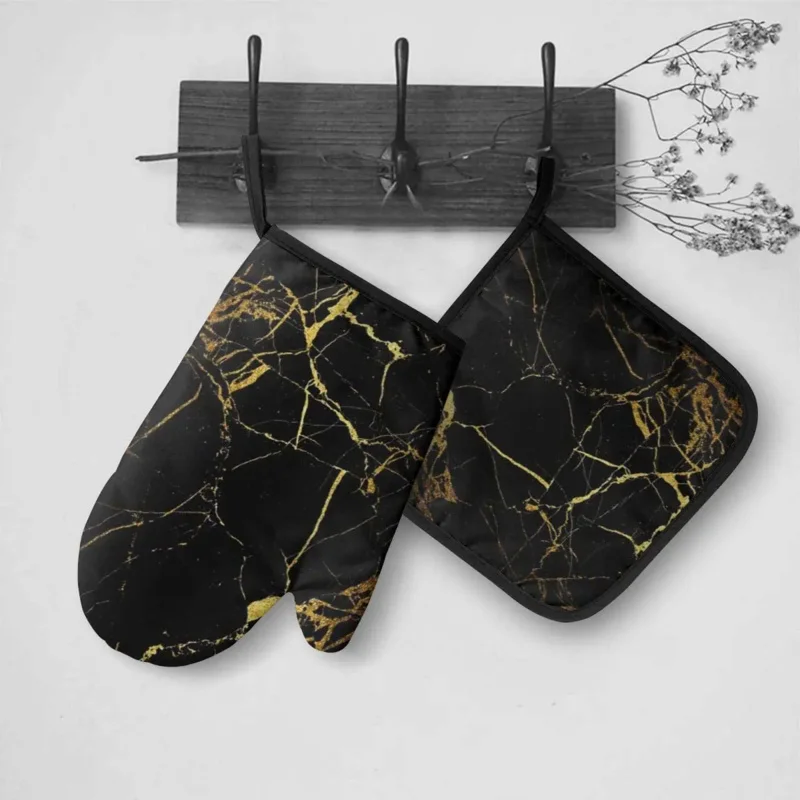 Black Gold Marble Oven Mitts and Pot Holders Heat Resistant Oven Gloves Safe Cooking Baking Grilling - Image 3