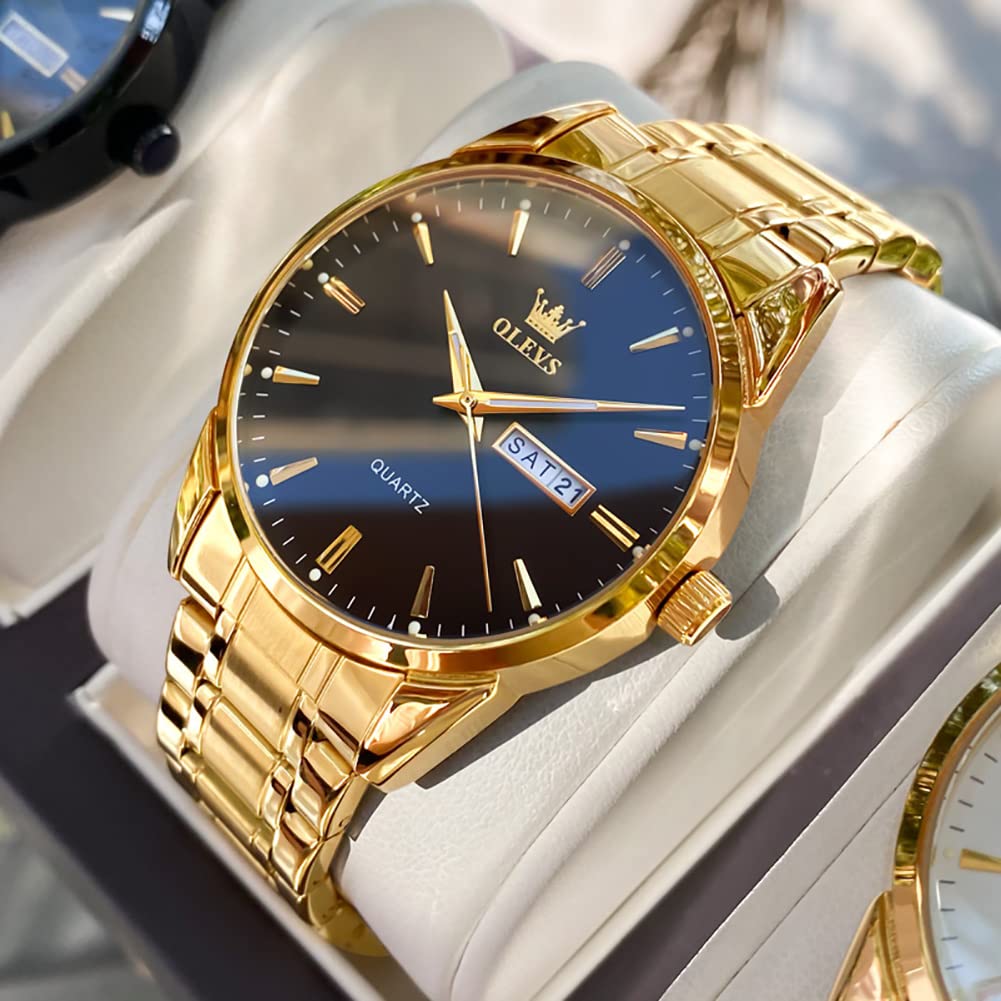 Black Gold Watch for Men,Day and Date Men Watch,Men Gold Tone Watch,Fashion Gold Men Watches,Male Watch,Business Waterproof Men Watch,Luxury Gold Men Watches,Luminous Man Watch,Dress Watch for Men - Image 2