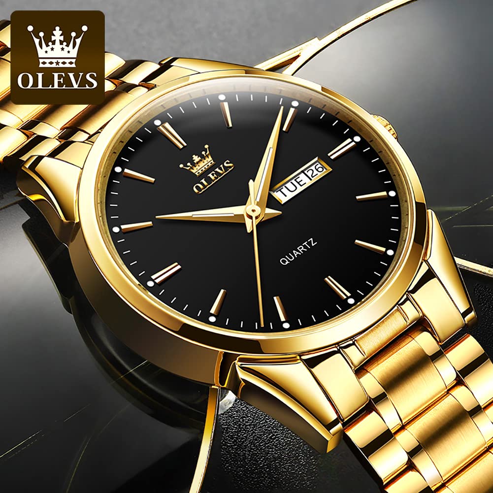 Black Gold Watch for Men,Day and Date Men Watch,Men Gold Tone Watch,Fashion Gold Men Watches,Male Watch,Business Waterproof Men Watch,Luxury Gold Men Watches,Luminous Man Watch,Dress Watch for Men - Image 3