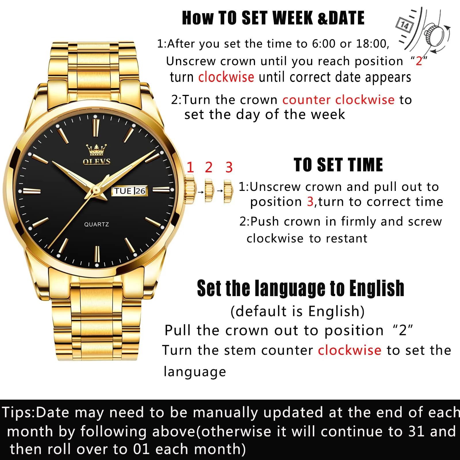 Black Gold Watch for Men,Day and Date Men Watch,Men Gold Tone Watch,Fashion Gold Men Watches,Male Watch,Business Waterproof Men Watch,Luxury Gold Men Watches,Luminous Man Watch,Dress Watch for Men - Image 5