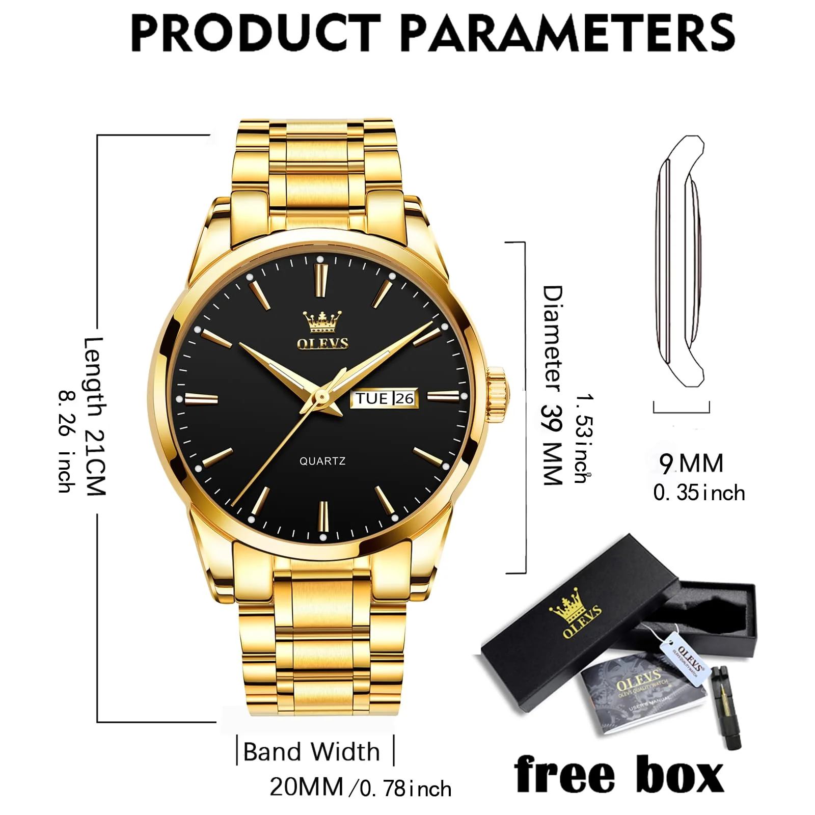 Black Gold Watch for Men,Day and Date Men Watch,Men Gold Tone Watch,Fashion Gold Men Watches,Male Watch,Business Waterproof Men Watch,Luxury Gold Men Watches,Luminous Man Watch,Dress Watch for Men - Image 6