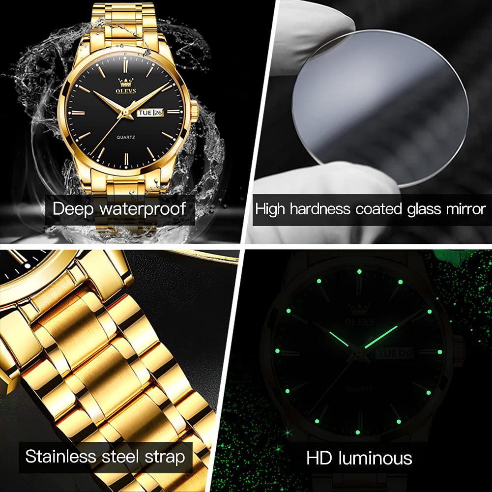 Black Gold Watch for Men,Day and Date Men Watch,Men Gold Tone Watch,Fashion Gold Men Watches,Male Watch,Business Waterproof Men Watch,Luxury Gold Men Watches,Luminous Man Watch,Dress Watch for Men - Image 7