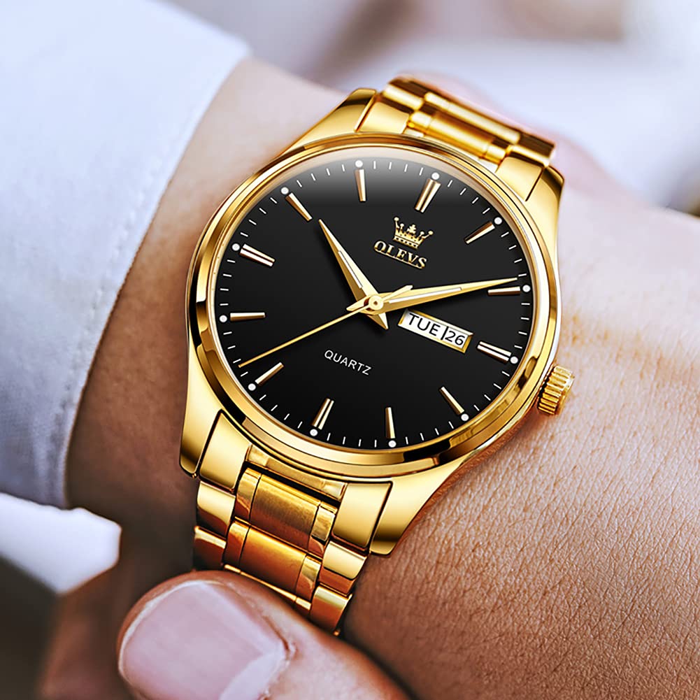 Black Gold Watch for Men,Day and Date Men Watch,Men Gold Tone Watch,Fashion Gold Men Watches,Male Watch,Business Waterproof Men Watch,Luxury Gold Men Watches,Luminous Man Watch,Dress Watch for Men - Image 8