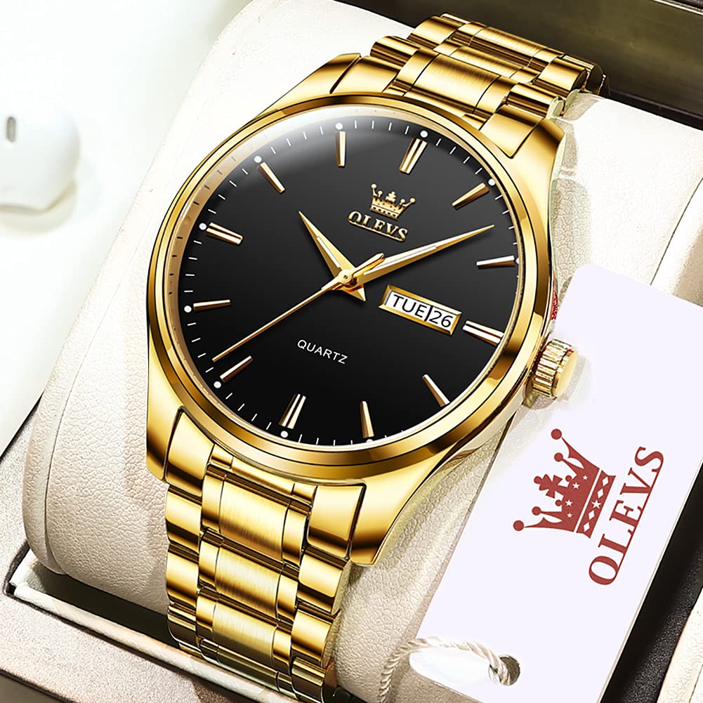 Black Gold Watch for Men,Day and Date Men Watch,Men Gold Tone Watch,Fashion Gold Men Watches,Male Watch,Business Waterproof Men Watch,Luxury Gold Men Watches,Luminous Man Watch,Dress Watch for Men - Image 9
