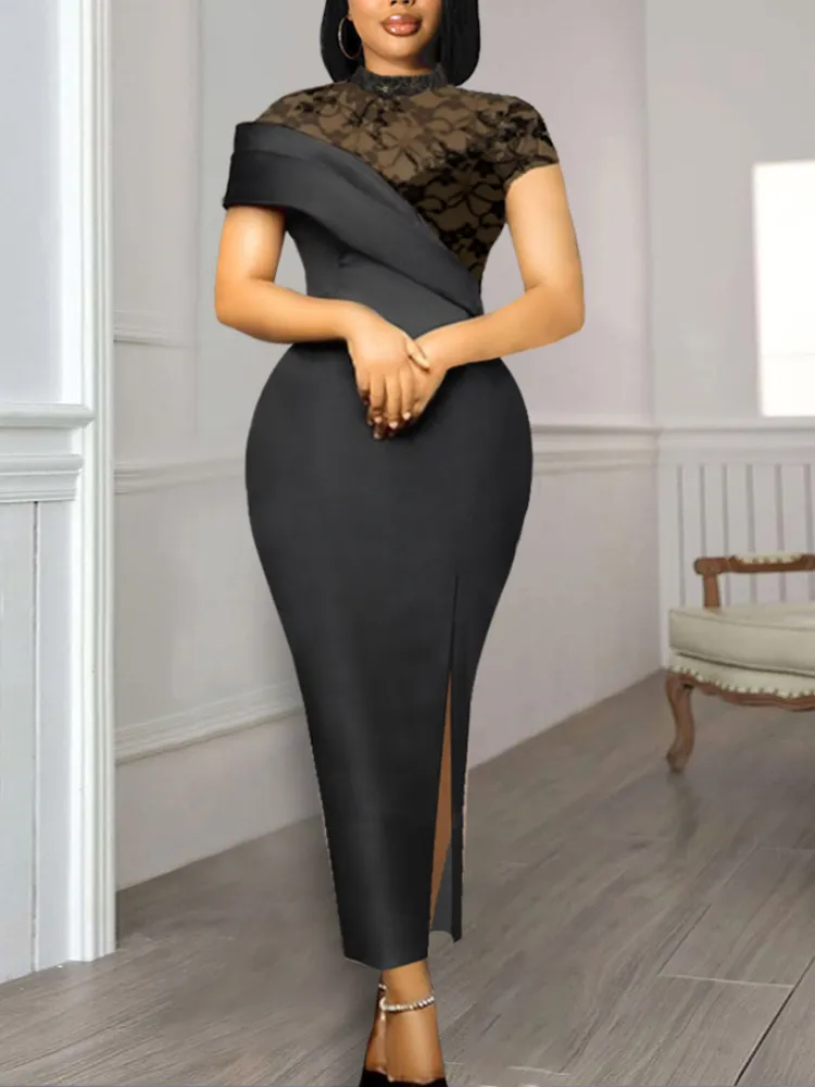Black Long Prom Dresses High Neck Lace Patchwork Bodycon Women Evening Cocktail Club Party African Gowns Sexy Slit Outfits 2023 - Image 2