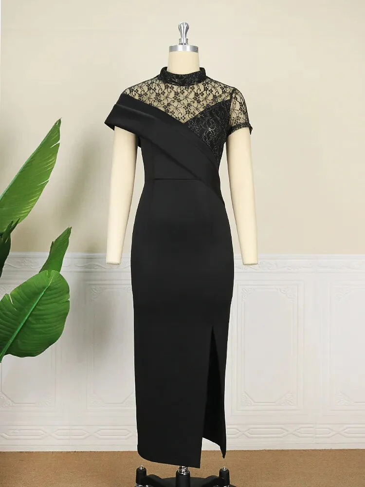 Black Long Prom Dresses High Neck Lace Patchwork Bodycon Women Evening Cocktail Club Party African Gowns Sexy Slit Outfits 2023 - Image 3