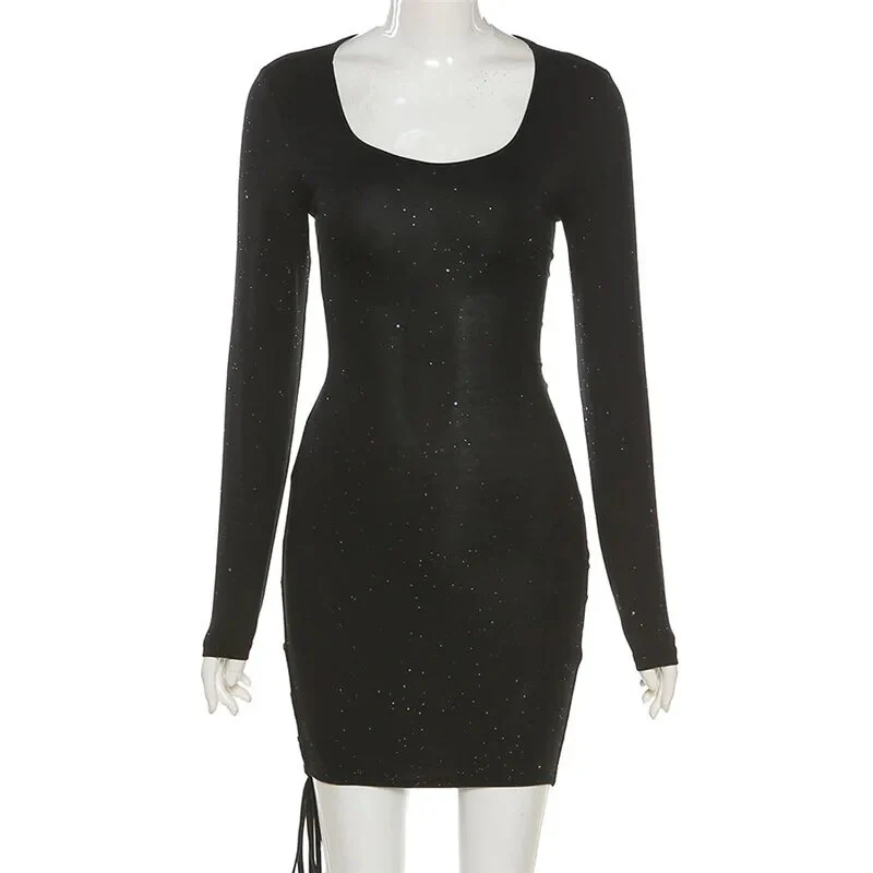 Black Long Sleeve Sexy Lady Lace Up Bandage Bodycon Slim Hollow Out Dresses Glitter Sequins Party Night Club Autumn Mini Dress - Image 6