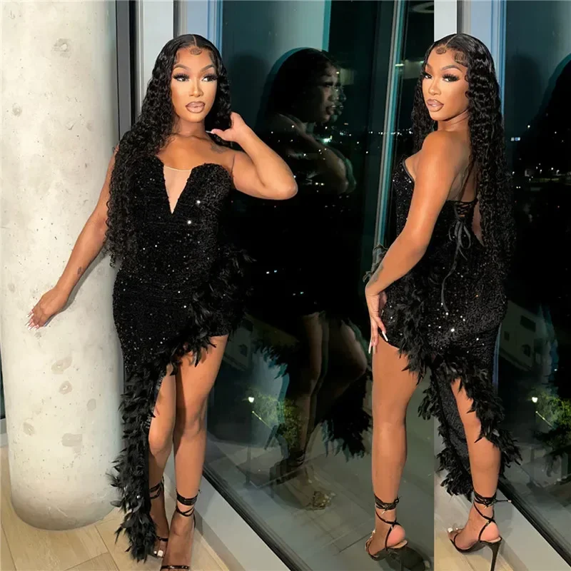 Black Summer Women Strapless Sleeveless Bodycon Sexy Glam Sequins Dress Feather Irregular Bling Long Night Club Party Dresses - Image 3