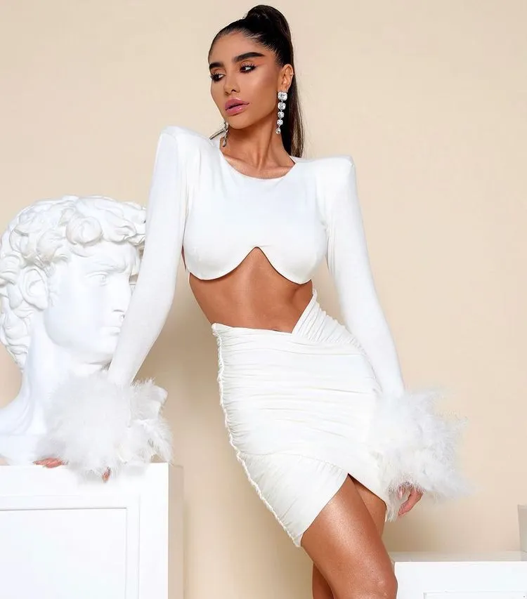Black White New Winter Women Long Sleeve Feathers Sexy Waist Hollow Out Bodycon Mini Dress Rayon Bandage Fashion Nightclub Wear - Image 9