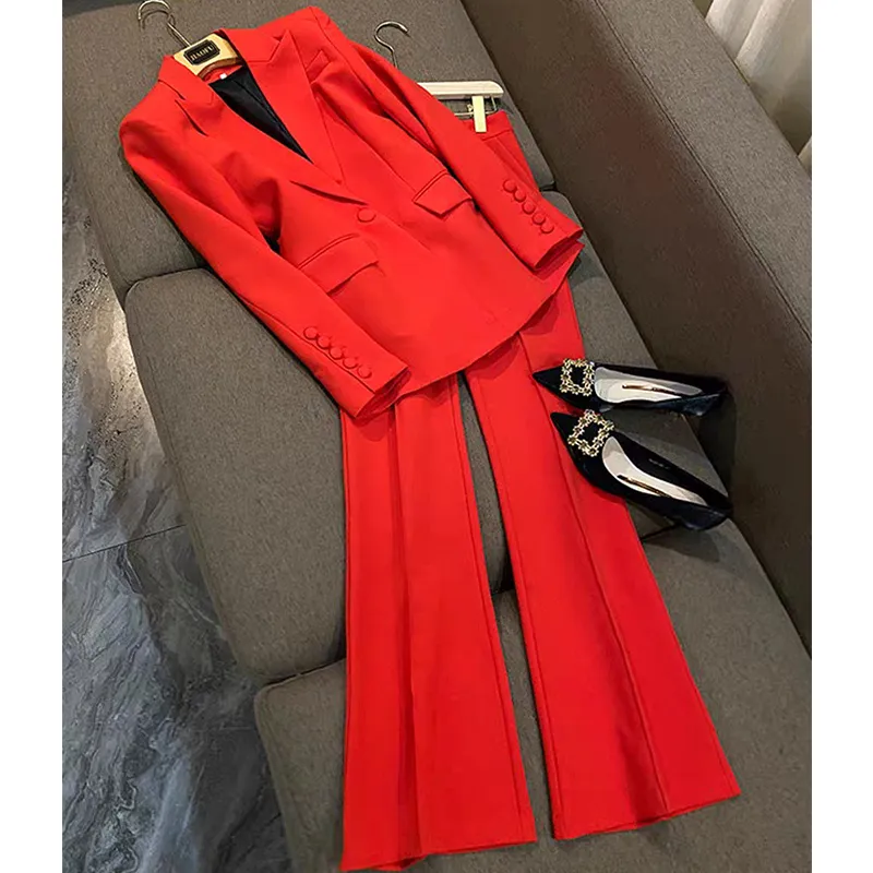 Blazer Pantsuits Two Piece Set Office Ladies Women Yellow Purple Business Single Buttons Flared Pants Blazer + Pants Formal Suit - Image 12