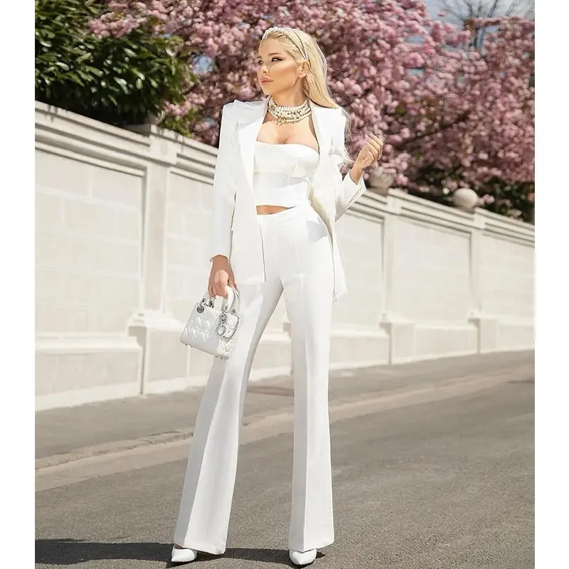 Blazer Pantsuits Two Piece Set Office Ladies Women Yellow Purple Business Single Buttons Flared Pants Blazer + Pants Formal Suit - Image 13