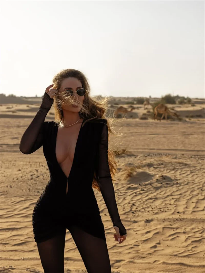 Blifanbo Sexy Deep V Mesh Long Sleeve Jumpsuit  Women Autumn Double Layer Patchwork Ruched Bodycon Jumpsuit Rompers New 2025 - Image 28