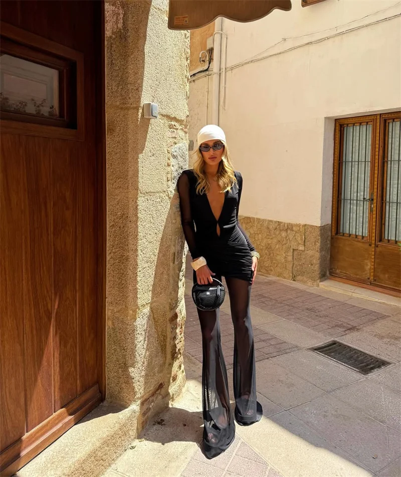 Blifanbo Sexy Deep V Mesh Long Sleeve Jumpsuit  Women Autumn Double Layer Patchwork Ruched Bodycon Jumpsuit Rompers New 2025 - Image 31