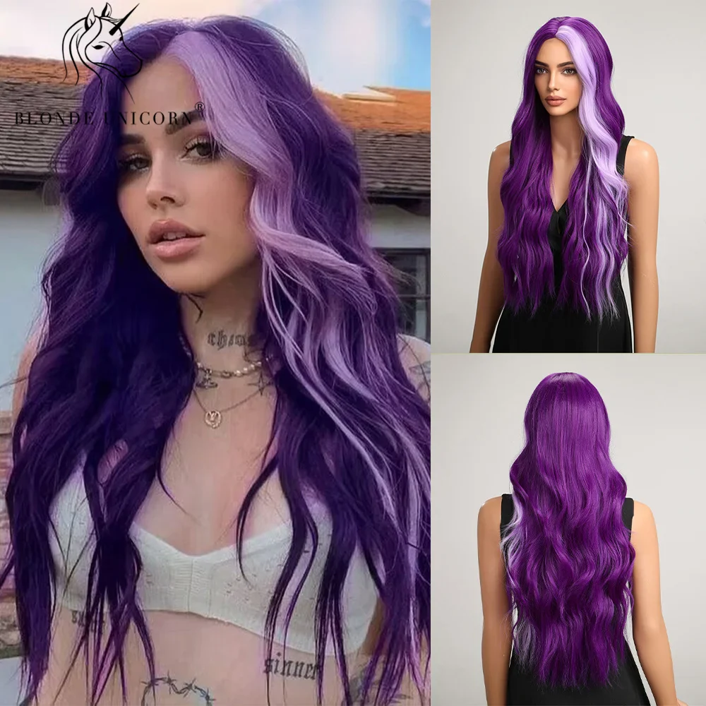 Blonde Unicorn Synthetic Long Wavy Wig Ombre Purple to Blue for Woman Cosplay Halloween Wigs Heat Resistant Fiber Bangs Hair - Image 12