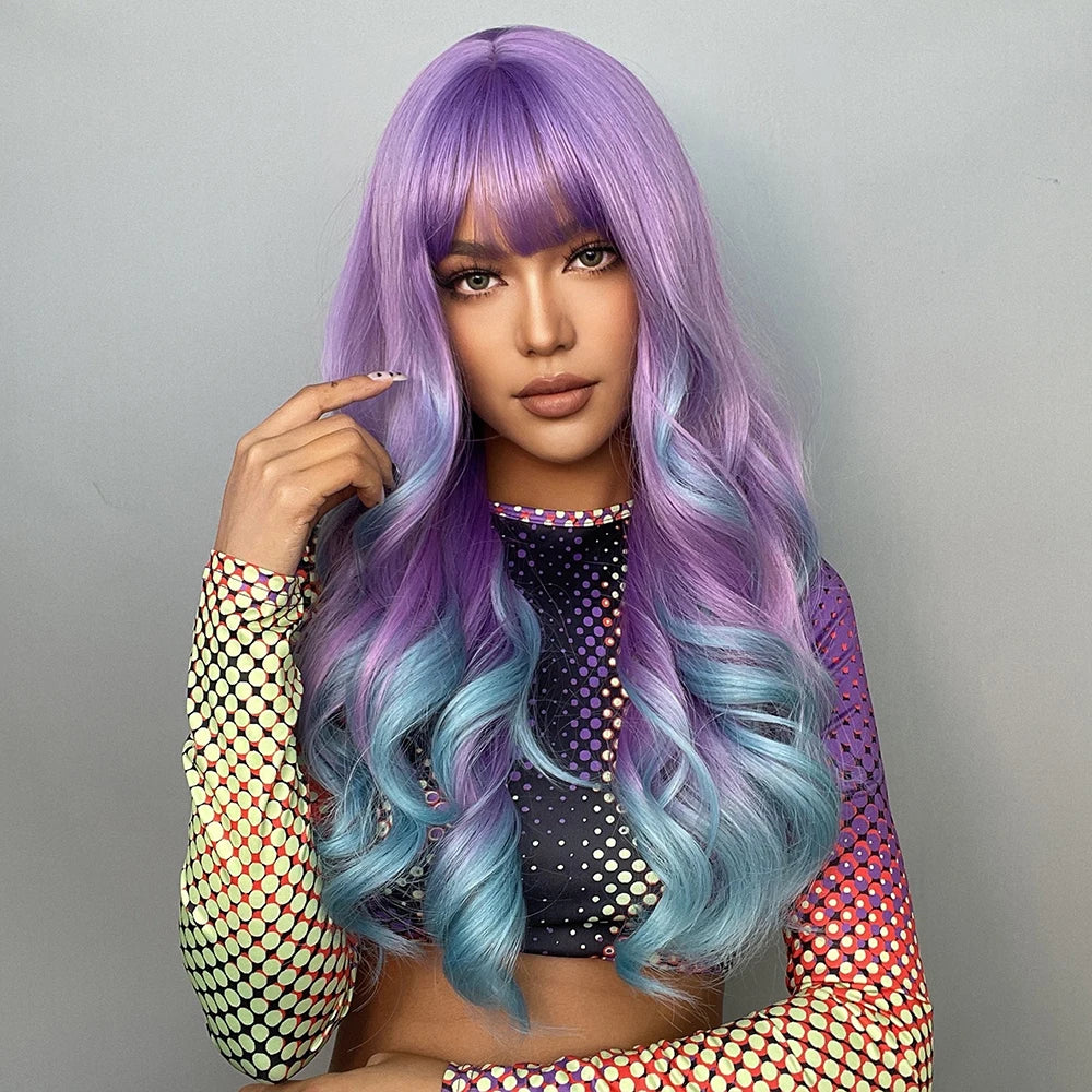 Blonde Unicorn Synthetic Long Wavy Wig Ombre Purple to Blue for Woman Cosplay Halloween Wigs Heat Resistant Fiber Bangs Hair - Image 2