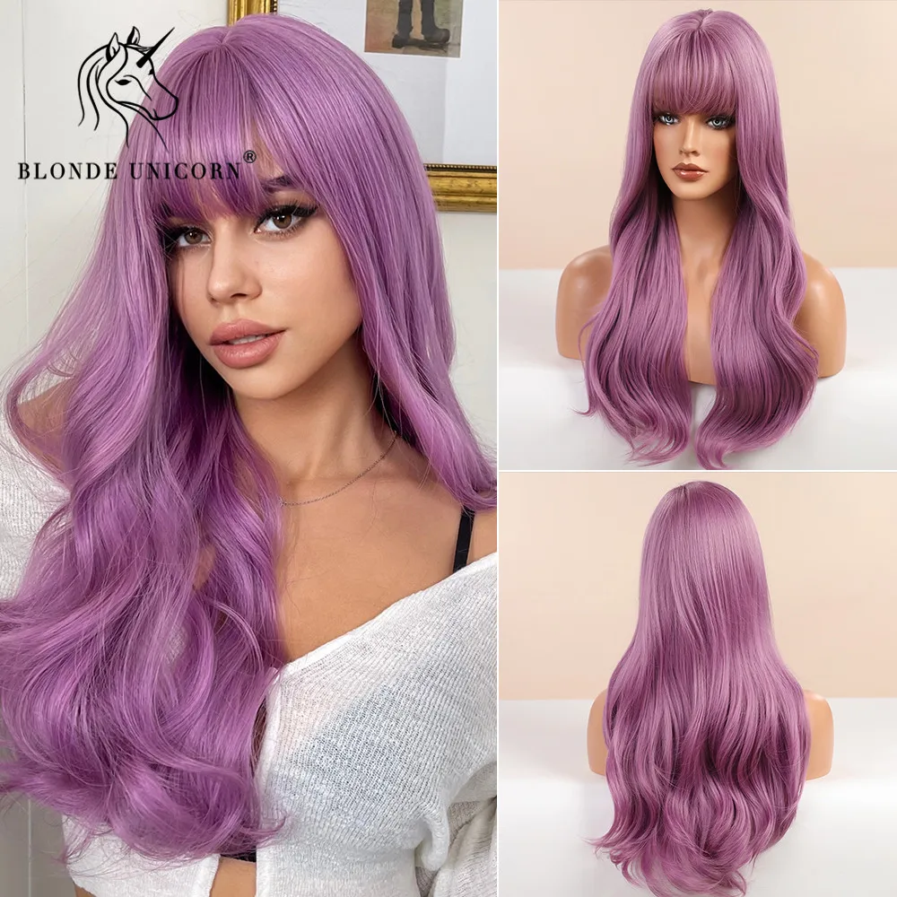 Blonde Unicorn Synthetic Long Wavy Wig Ombre Purple to Blue for Woman Cosplay Halloween Wigs Heat Resistant Fiber Bangs Hair - Image 28
