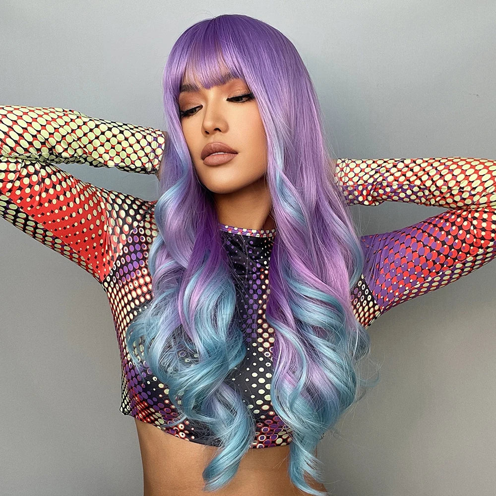 Blonde Unicorn Synthetic Long Wavy Wig Ombre Purple to Blue for Woman Cosplay Halloween Wigs Heat Resistant Fiber Bangs Hair - Image 3