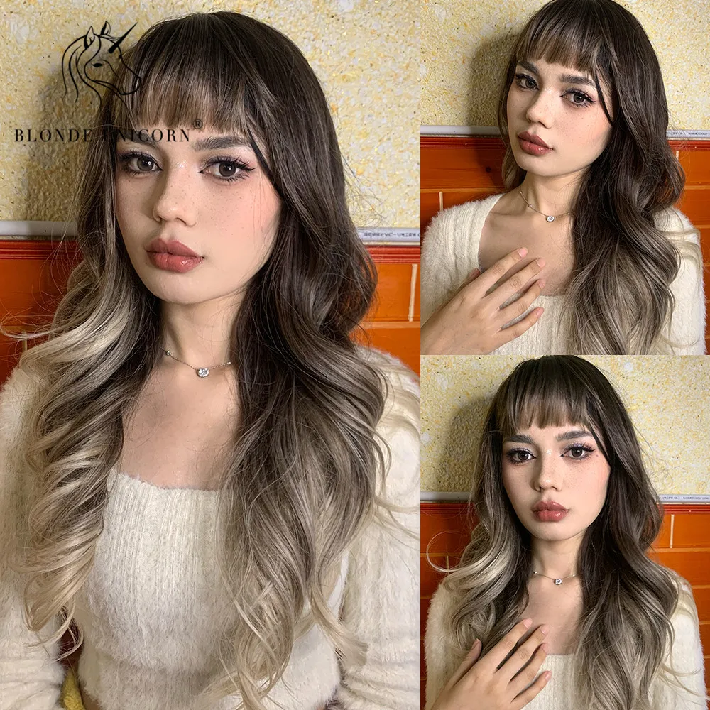 Blonde Unicorn Synthetic Long Wavy Wig Ombre Purple to Blue for Woman Cosplay Halloween Wigs Heat Resistant Fiber Bangs Hair - Image 30