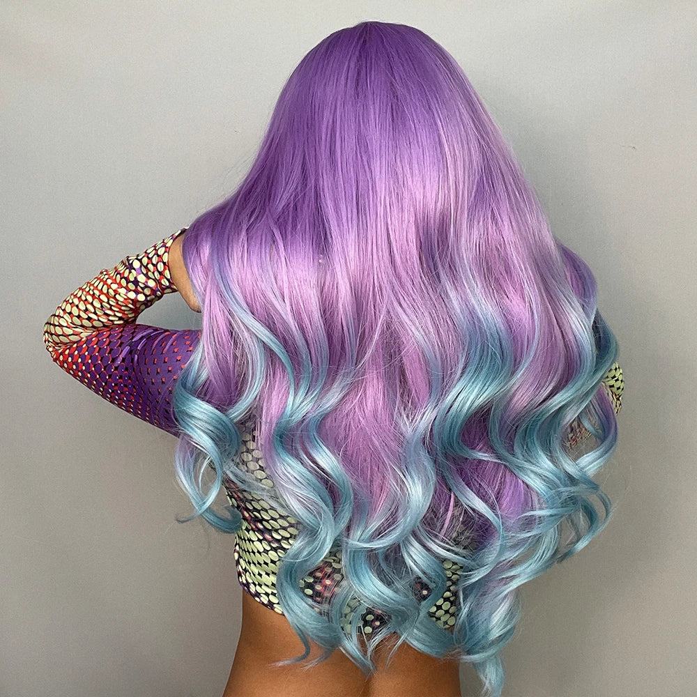 Blonde Unicorn Synthetic Long Wavy Wig Ombre Purple to Blue for Woman Cosplay Halloween Wigs Heat Resistant Fiber Bangs Hair - Image 4