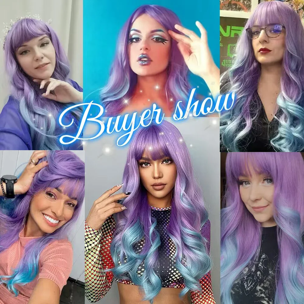Blonde Unicorn Synthetic Long Wavy Wig Ombre Purple to Blue for Woman Cosplay Halloween Wigs Heat Resistant Fiber Bangs Hair - Image 5