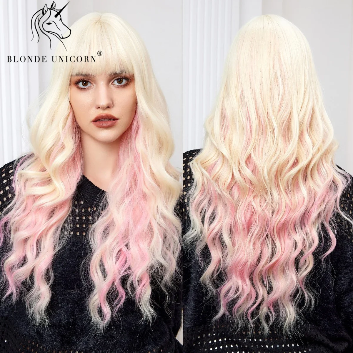 Blonde Unicorn Synthetic Long Wavy Wig Ombre Purple to Blue for Woman Cosplay Halloween Wigs Heat Resistant Fiber Bangs Hair - Image 7