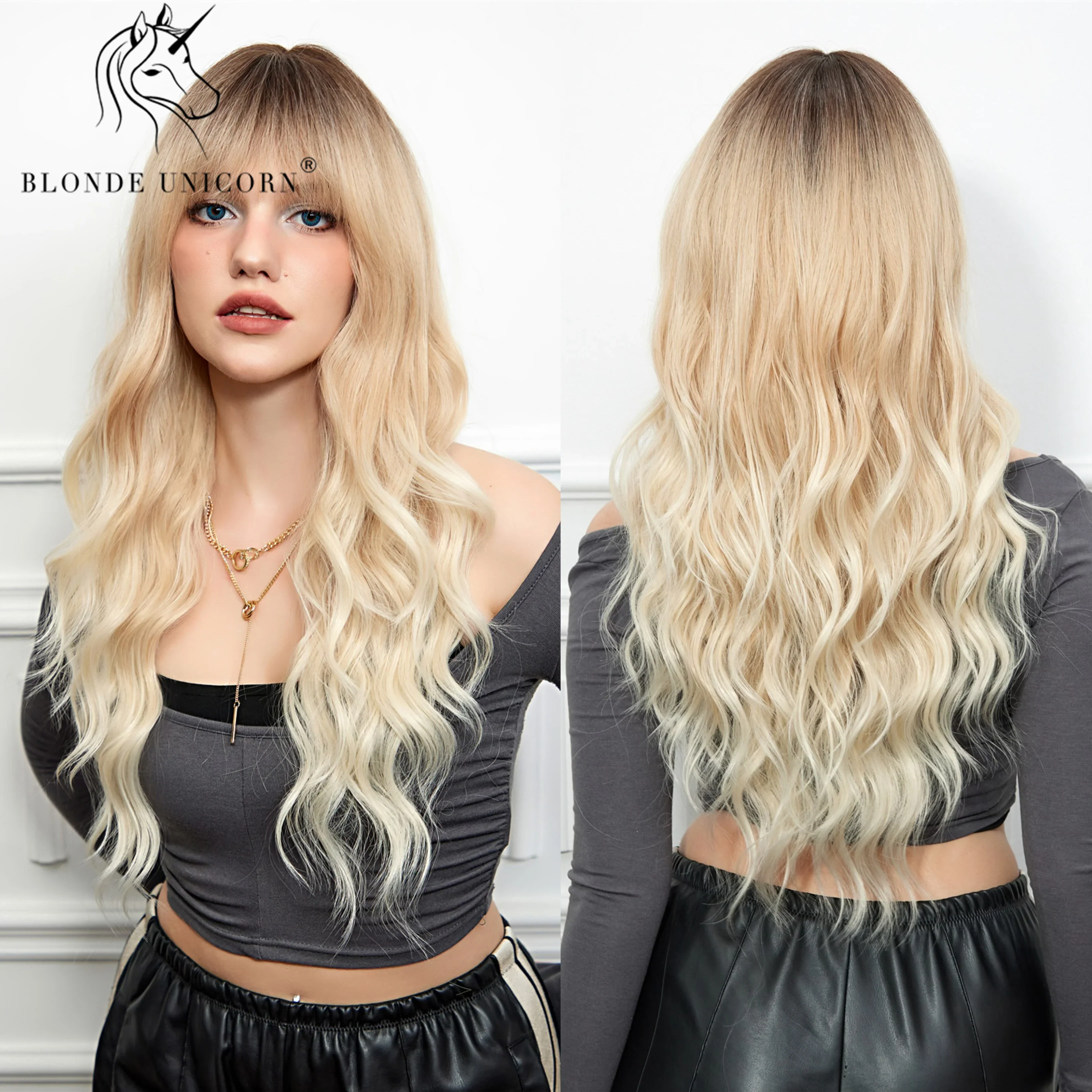 Blonde Unicorn Synthetic Long Wavy Wig Ombre Purple to Blue for Woman Cosplay Halloween Wigs Heat Resistant Fiber Bangs Hair - Image 9