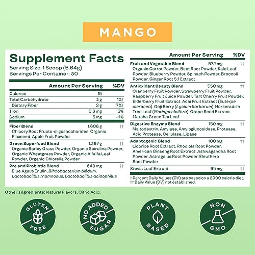 Bloom Nutrition Super Greens Powder Smoothie & Juice Mix - Probiotics for Digestive Health & Bloating Relief for Women, Digestive Enzymes with Superfoods Spirulina & Chlorella for Gut Health (Mango) - Image 3