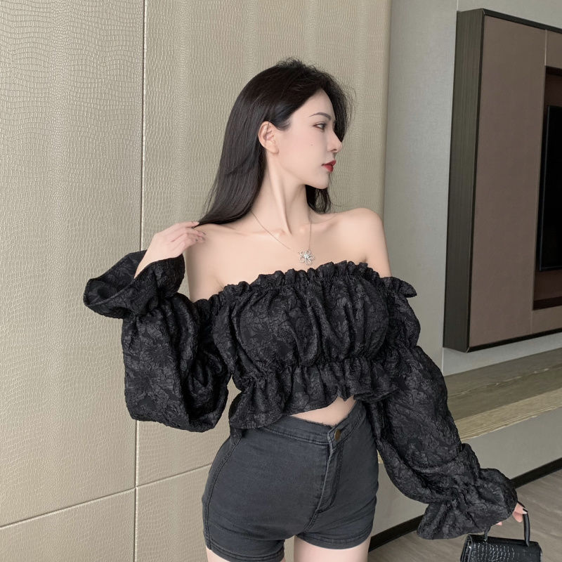 Blouse Women Sexy Trendy Slash Collar Autumn Folds Jacquard Stylish Long Sleeve Female Feminine Party Street Korean Style Crop - Image 5